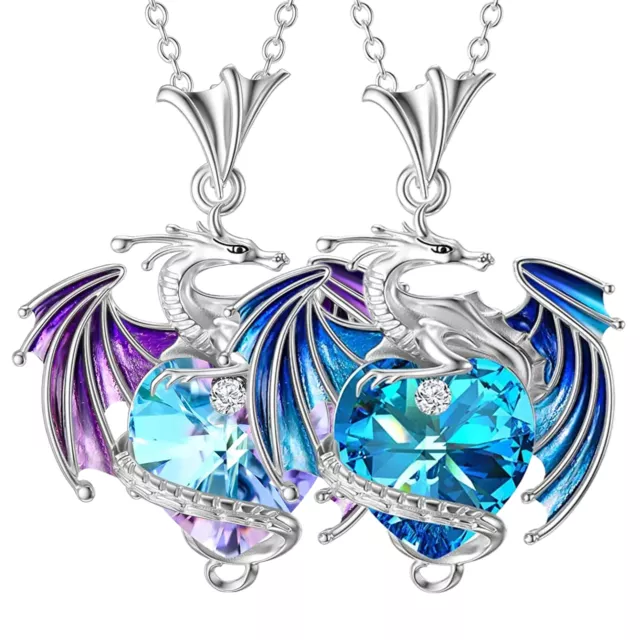 Men Women Flying Dragon Necklace Love Crystal Stone Dragon Pendant Necklace