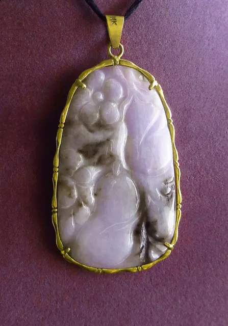 Vintage Rare Large Chinese Export Carved Lavender JADEITE PENDANT 14k Bamboo Fra