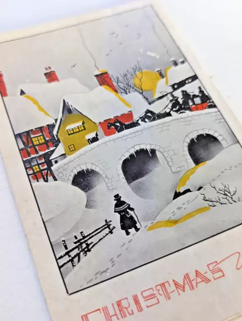 Vintage Bridge Houses Horse &Carriage 1940's Christmas Greeting Card (EB5071)