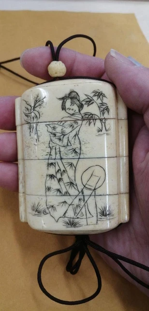 Inro In Ming Woman And Plum Carving Stages from Japan Used