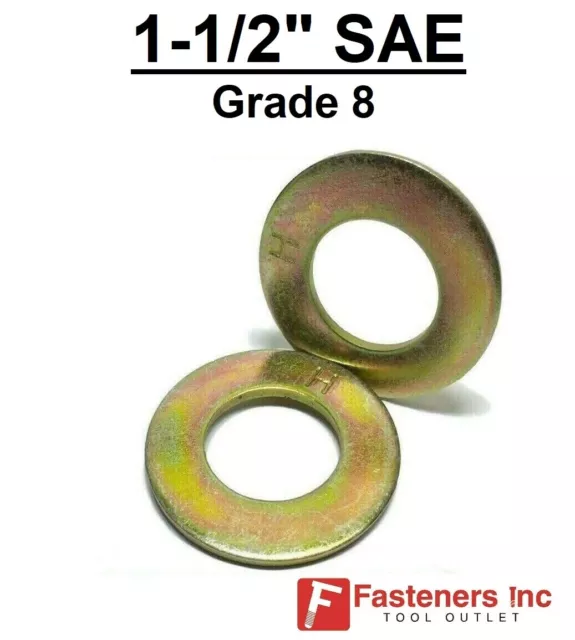 1-1/2" SAE Flat Washers Thru-Hardened Grade 8 Yellow Zinc (Choose Qty) 3"OD