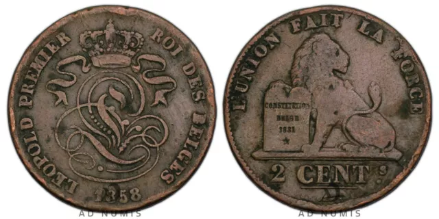 Belgien 2 centimes 1858 Leopold I Lyon Monogramm Kupfer Münze Belgischer