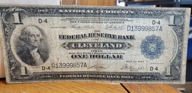 1918 $1 Bank of Cleveland ~ USA National Currency ~ Federal Reserve Bank