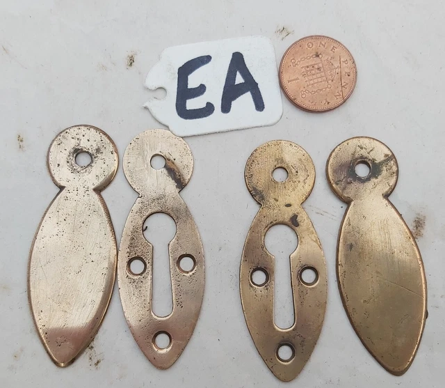 2x ANTIQUE BRASS ESCUTCHEONS Old English cast rose brass ORIGINAL 52x23mm c1920