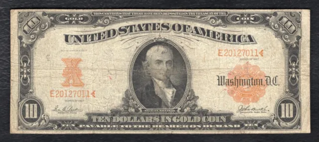 Fr. 1171 1907 $10 Ten Dollars Gold Certificate U.s. Currency Note