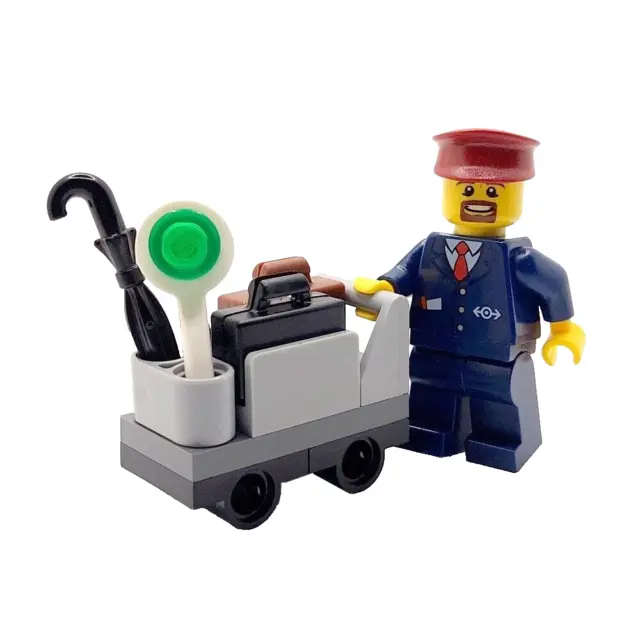 LEGO® Train Minifigure Porter & Luggage Case Trolley Railway Station Worker Gift
