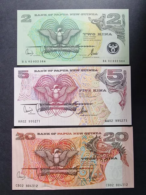 Papua New Guinea 2, 5 & 20 Kina 2002 Banknotes Unc Set Of 3 Notes PNG