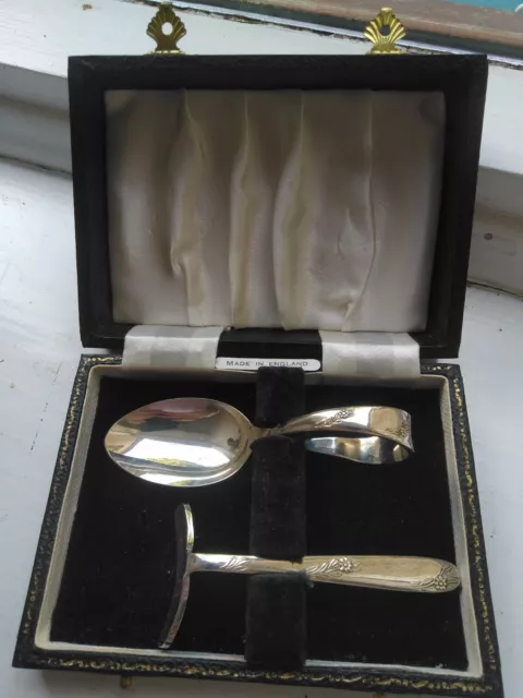 Christening gift silver plate Angora spoon and pusher in original box