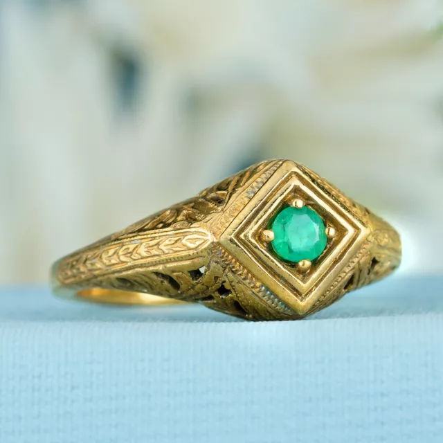 Natural Emerald Filigree Ring in Solid 9K Yellow Gold