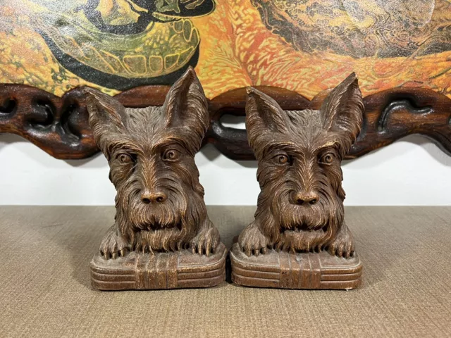 Pair Of Vintage Scottie Dog Syroco Wood Library Bookends Craved Wood 6.5" Tall