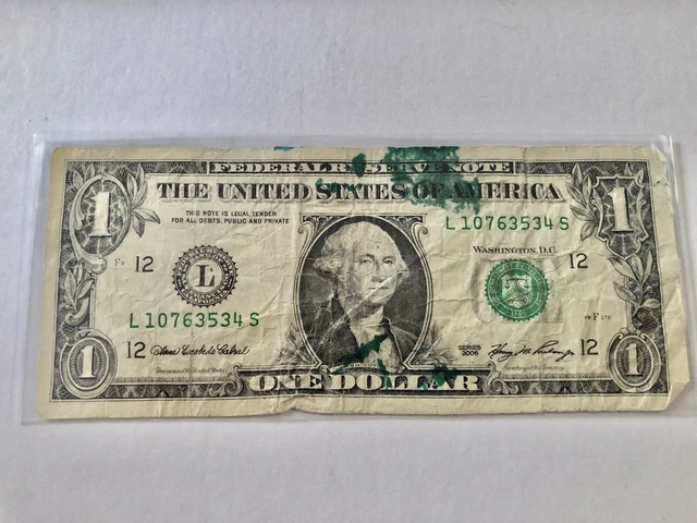 2006  $1 Frn Federal Reserve Note “Ink Smear Error On Front Back Circulated