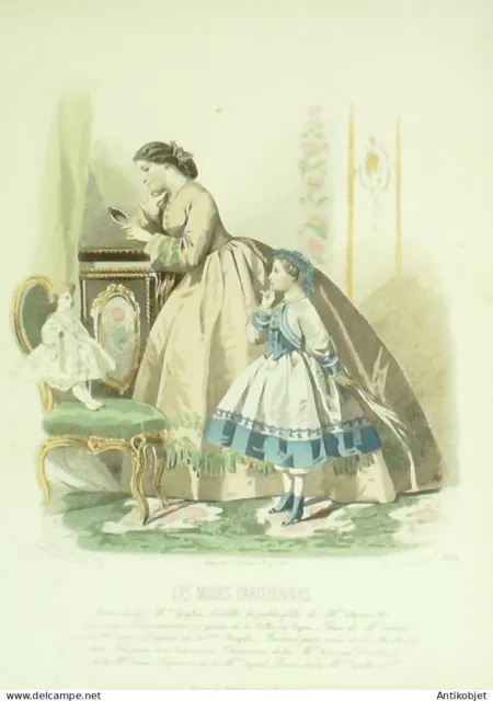 Gravure Modes parisiennes 1864 n°1094 Poupée robe Perkale robe enfant