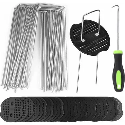 50 Weed Control Mat Membrane Pegs + Buffer Washer Pegs U-Shaped Galvanised Pins