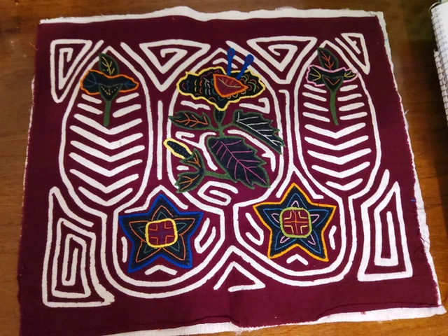 Kuna Mola Hand Sewn From Panama 14" X 12" Flowers Burgandy Background