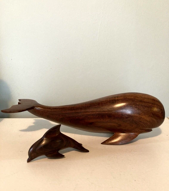 Two Hand Carved Vintage Ironwood Figurines Sculptures - 9" Whale and 3" Dolphin