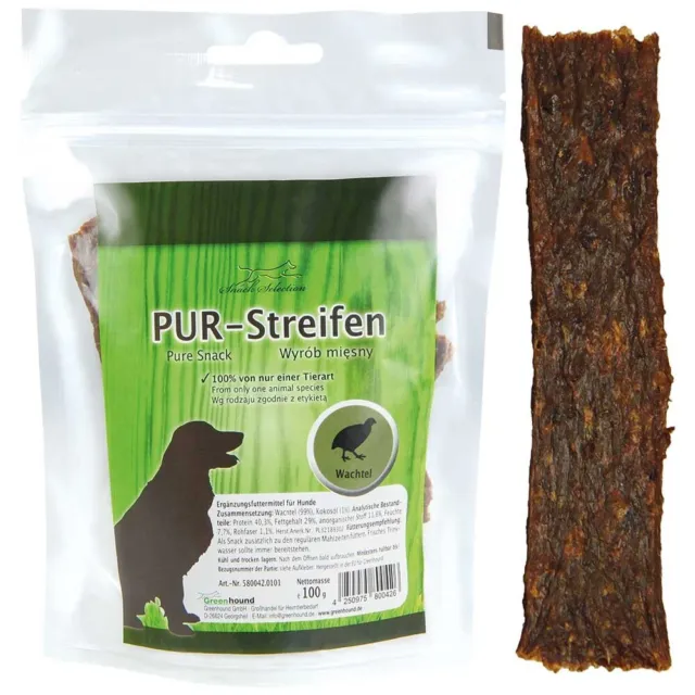 Greenhound PUR-Streifen Wachtel - 100g - zähe Fleischstreifen für Hunde Snack