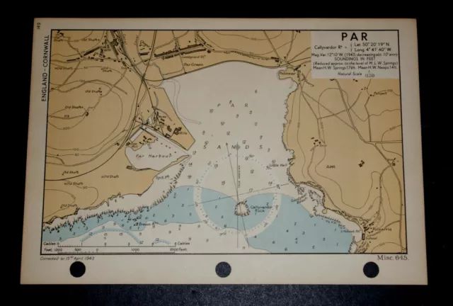 PAR, Cornwall - Rare Vintage WW2 Naval Military Map 1943