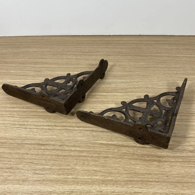 Vintage Cast Iron Wall Shelf  Support Brackets Scaffold Cross MCM 6x6” Set (2) 3