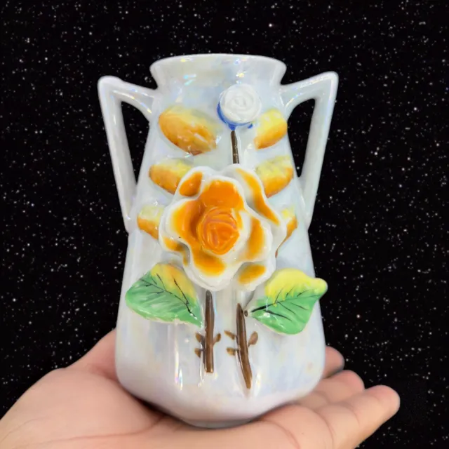 Japanese Ceramic Vase 3D Colorful Flowers Made In Japan Pottery Vase Two Handles
