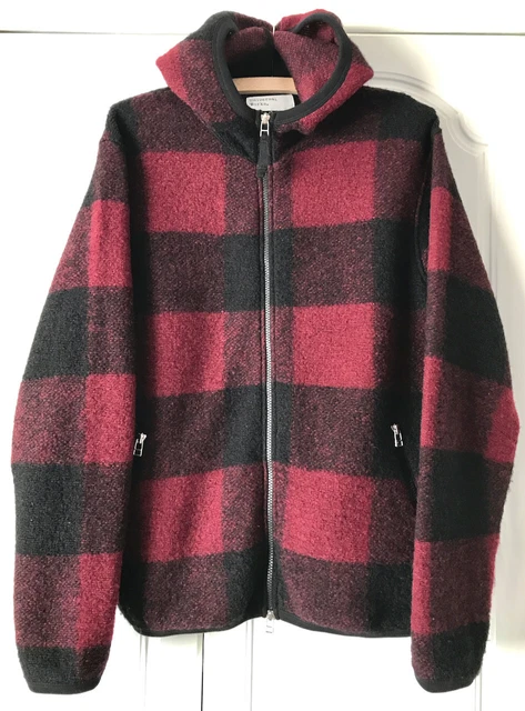 Universal Works Surfer Pullover Hooded Sweatshirt Red Checkwool Fleece Medium