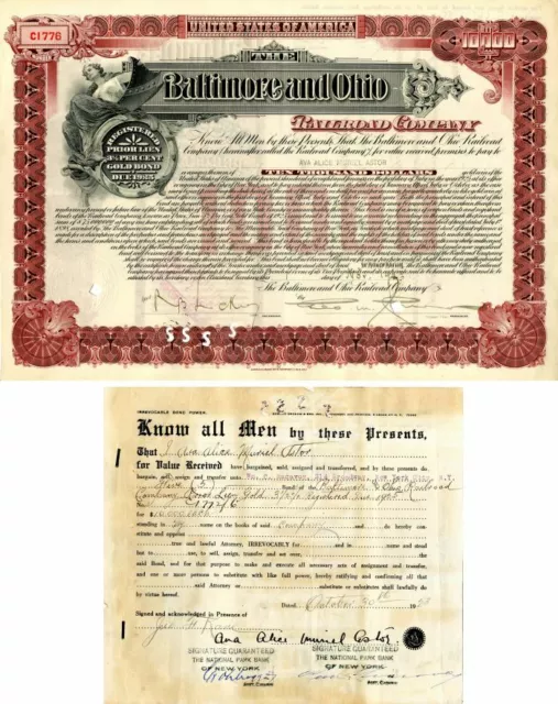 Baltimore and Ohio Railroad Co. Bond Transfer signed by Ana Alice Muriel Astor -