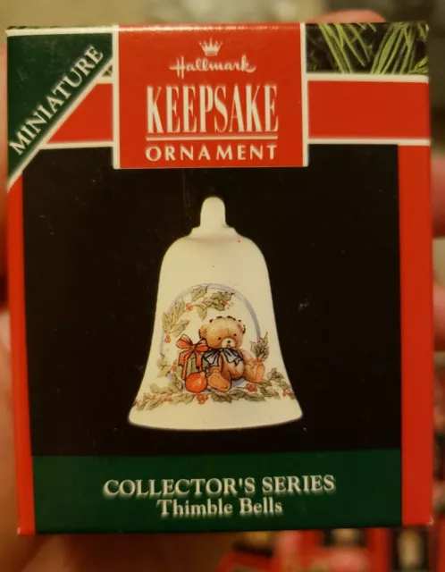 1992 Hallmark Miniature 3rd in Thimble Bells Series Bear Porcelain Ornament NIB