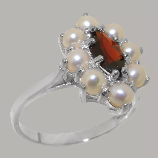 Solid 925 Sterling Silver Natural Garnet & Full Pearl Womens Cluster Ring