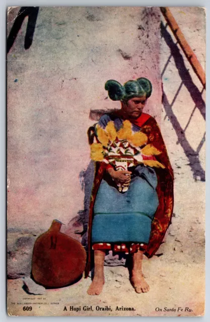 Oraibi Arizona~Hopi Indian Girl On Stone Ledge~Santa Fe Railway~c1907 Haffner