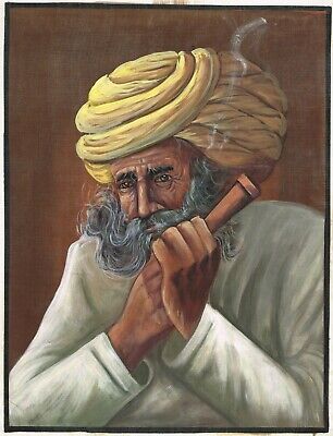 Rajasthan Peinture Miniature De Indien Ancien Homme Fumer Œuvre Sur Soie Tissu 2