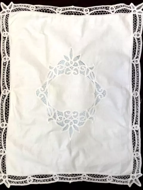 Vintage standard pillow sham all crisp cotton lavish Battenberg lace trim+inset 2