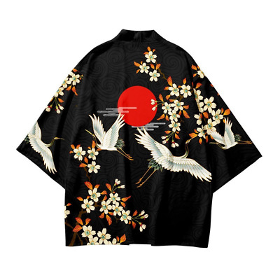Uomo Crane Kimono Cappotto Giacca Casual Top Shorts Elastico Vita Japanese Retrò