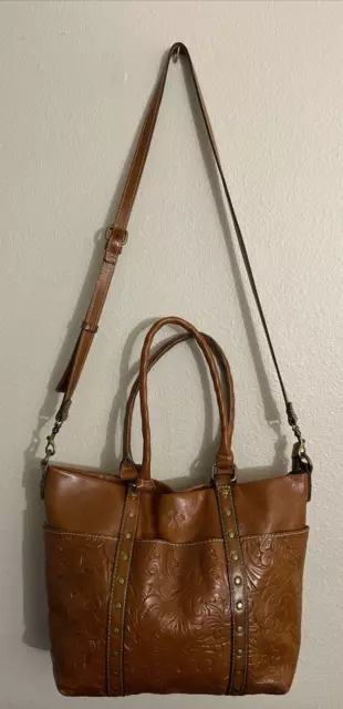 Patricia Nash Cognac Tooled Leather Double Handle Tote Crossbody Strap Purse Bag