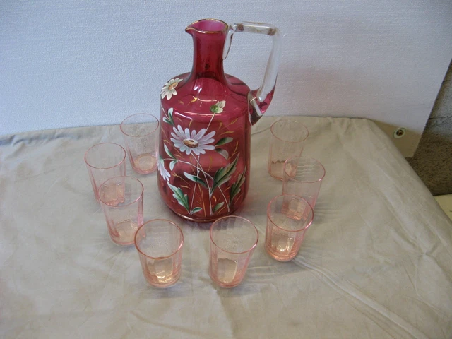 Ancien Service à Liqueur – Fontaine En Verre émaillé, Grappe De Raisin Et Bronze, 6 Verres