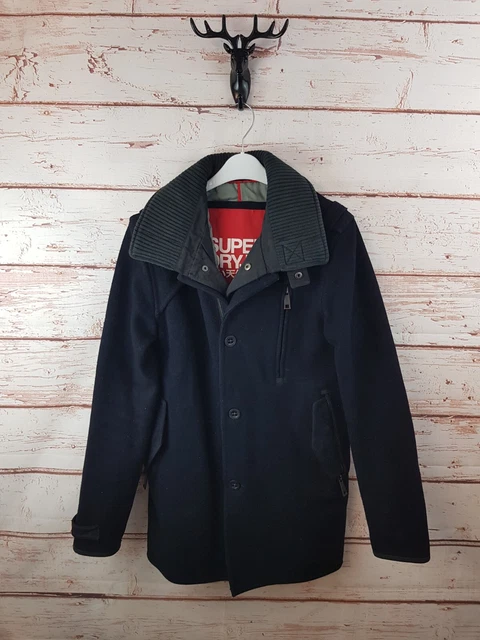 Superdry Mens Jacket Small Blue Wool Trench Pea Coat Button Double Black Label
