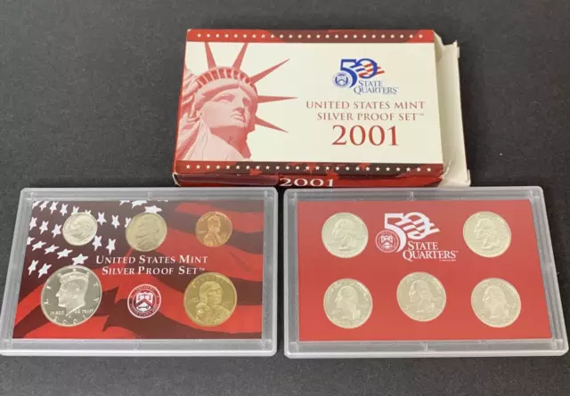 2001 US Mint Silver Proof Set 10 coin set, in box,