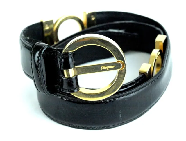 Salvatore Ferragamo Buckle Black Patent Leather Waist Belt 65 CM Women's Italy