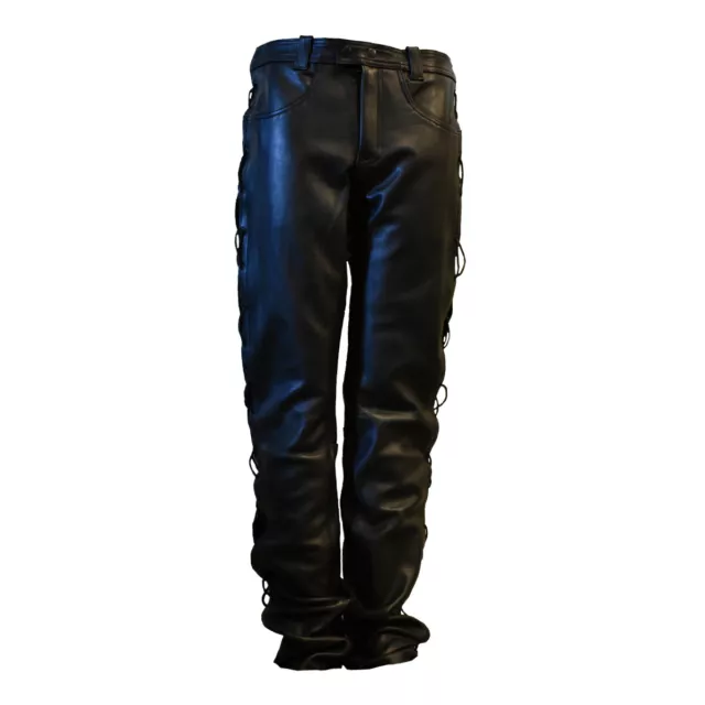 Gensler Jeans à Lacets Noir Pantalon Cuir Lacé Moto Pantalon Hommes