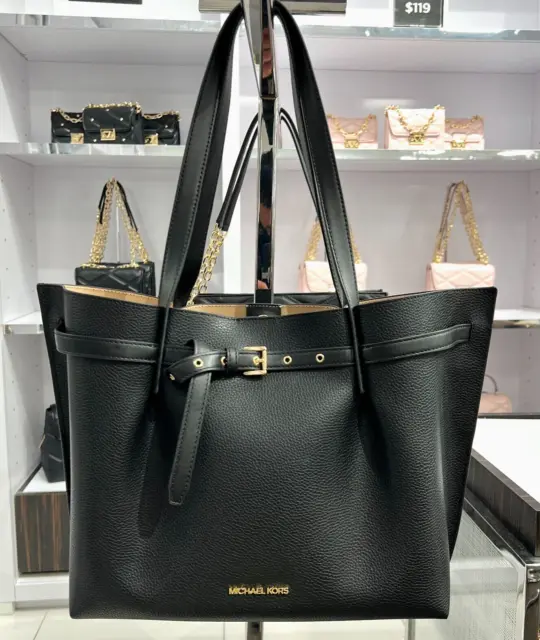 Michael Kors Emilia Large Tote Shopper Shoulder Handbag Leather Bag Black Gold