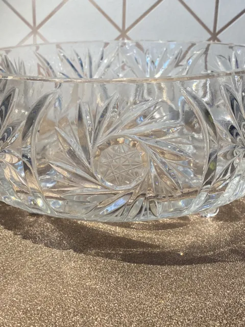 Vintage Heavy Cut Glass Lead Crystal 3 Foot Fruit Bowl Pin Wheel Design