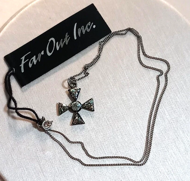 Maltese Cross Necklace 925 Sterling Silver Gun Metal Clear 16" Danty #2