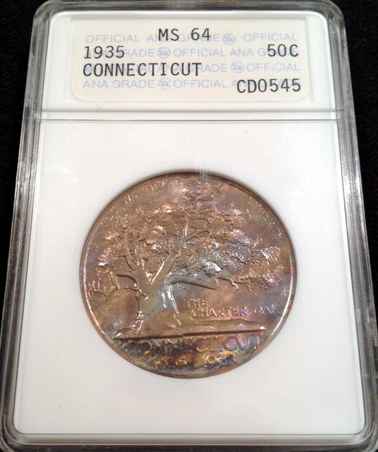 1935 Connecticut Commemorative Silver Half Dollar MS64 ~OLD ANA HOLDER~ Toned