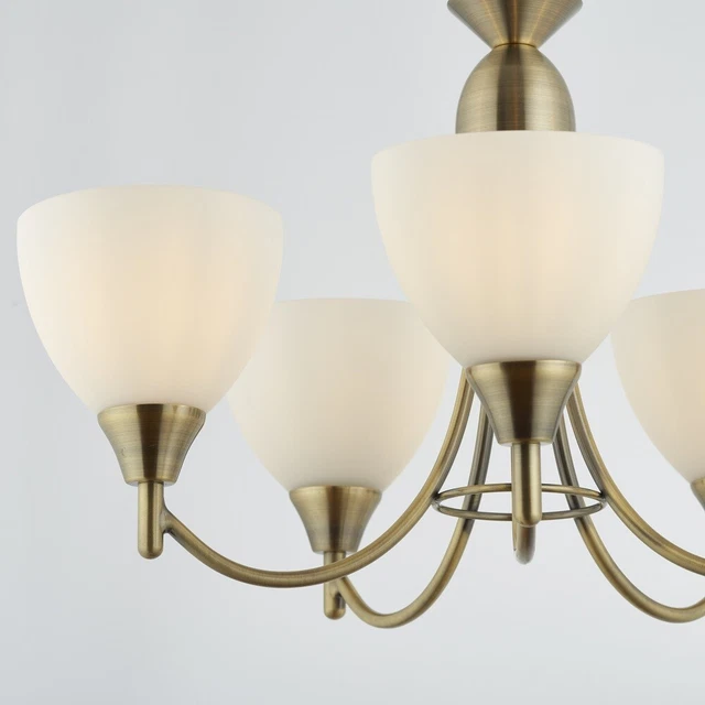 ANDY Antique Brass 5 Way E14 Ceiling Light Pendant/Semi Flush Opal Glass Shades