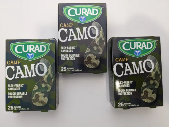 3 cajas vendajes adhesivos Curad CUR45701RB verde camuflaje 3/4"" x 3", 25/Caja