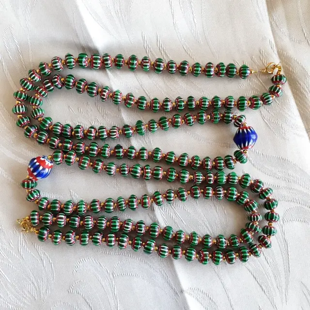 Antique Venetian inspired Green Chevron Beads Long Strand necklace 24inch