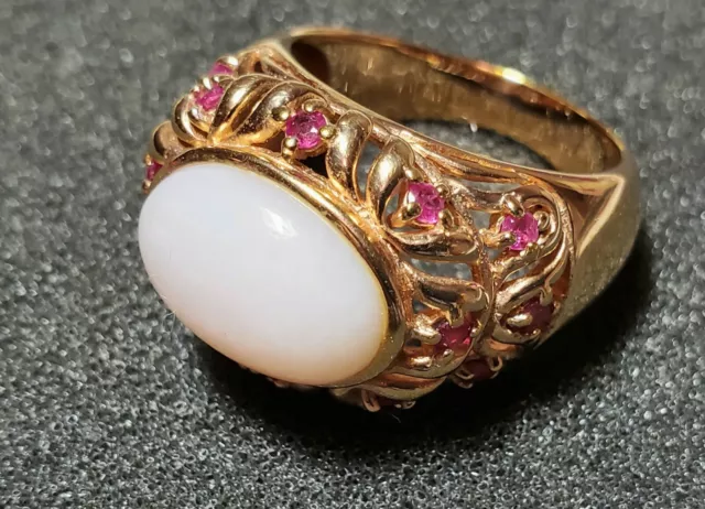 Sterling Silver 18k Rose Gold Vermeil Ring LG. Pink Opal & Rubies - Size 9 w/Box