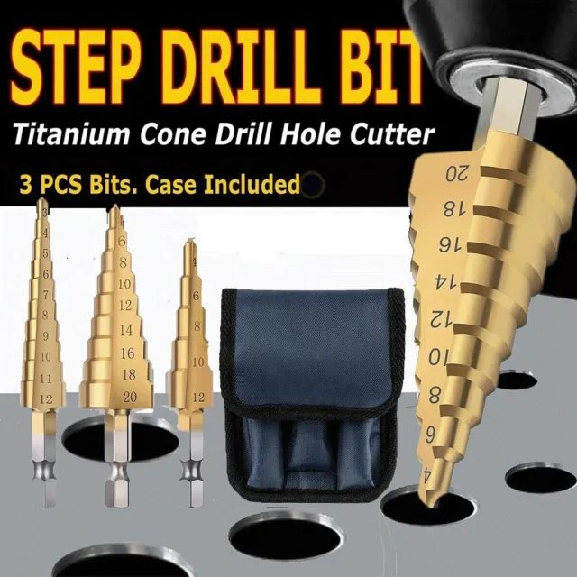3pcs Step Drill Bit Titanium Nitride Coated Set Steel Step 1/4Shank Drill Tools