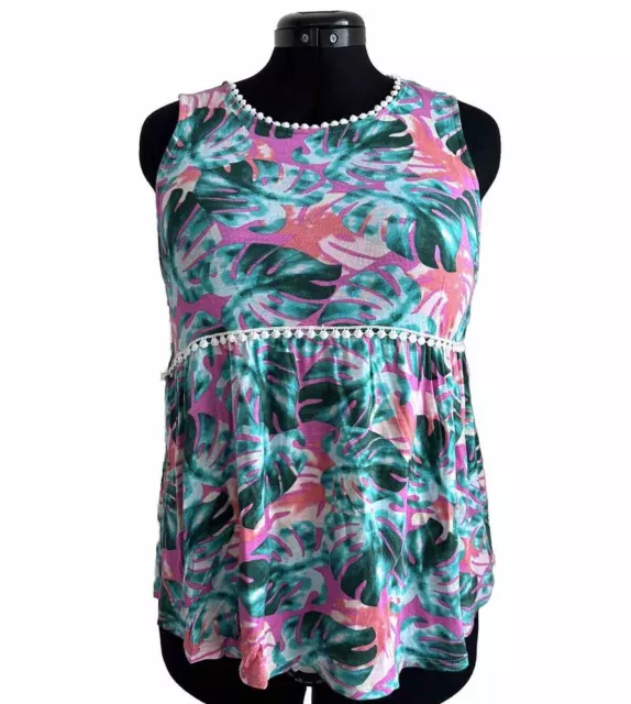 Papermoon Pink & Green Tropical Floral Leaf Sleeveless Top Women's Size M Medium