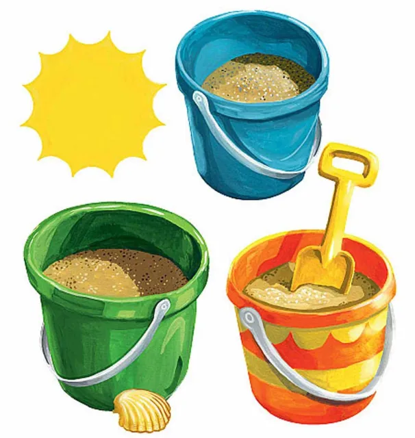 Summer Fun Sun Sand Sea Shell Beach Buckets 25 Wallies Tropical Decals Stickers