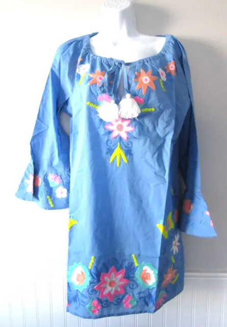 Debbie Katz Blue-Floral Embroidered Flared Sleeve Tunic Cover Up Dress XL