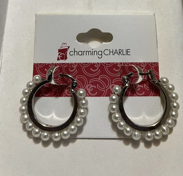 Charming Charlie’s Silver Tone Faux Pearl Hoop Earrings
